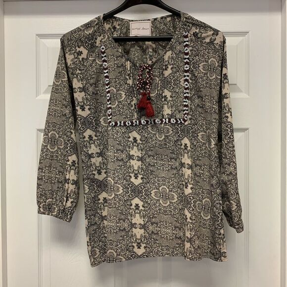 Beautiful Stories Print & Beaded Boho Peasant Tassel Blouse S - Picture 1 of 5